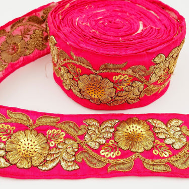 Fuchsia Pink Art Silk Trim In Gold Floral Embroidery, Gold Embroidered Flowers Border, Floral Trim